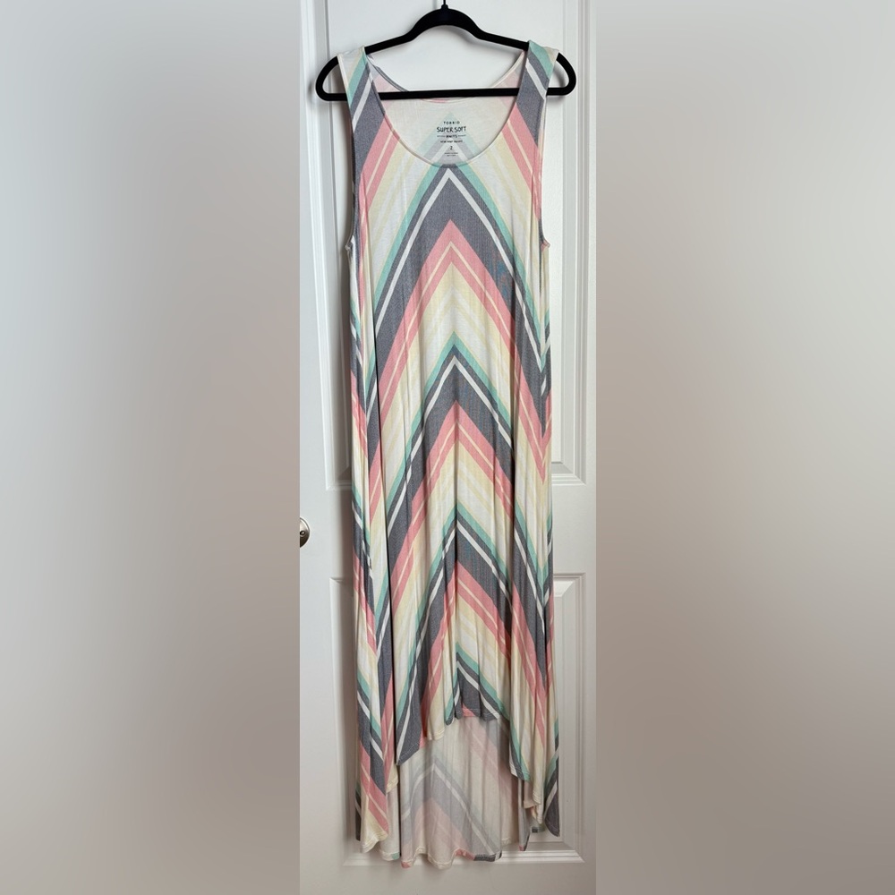 torrid Chevron Stripe High-Low Maxi Dress in Coral, Aqua & Gray